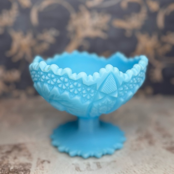 Vintage Fenton Blue Satin Glass Pedestal Compote Bowl Signed Estate - Picture 2 of 11